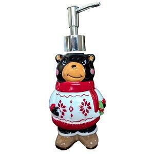 Black Bear Soap Dispenser Ceramic Snowflake Sweater Red Scarf Boots Gift NEW